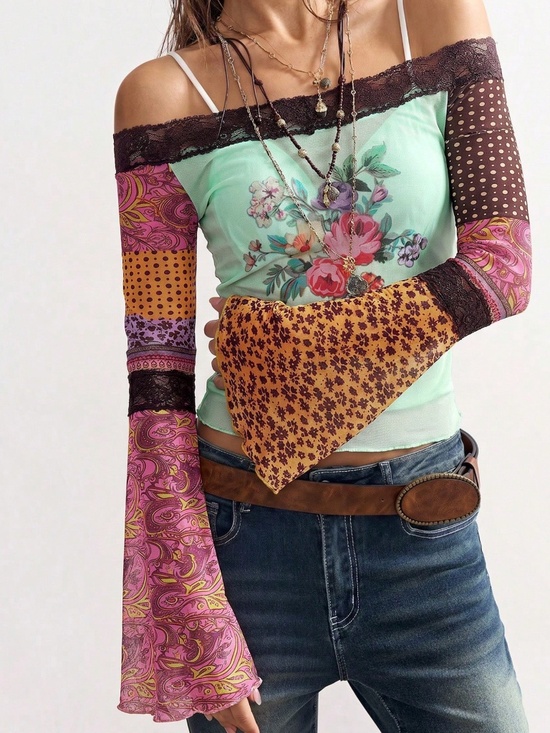 Tops - Boho Colorful Floral Polka Dot Lace off Shoulder Semi Sheer Long Sleeve Top
